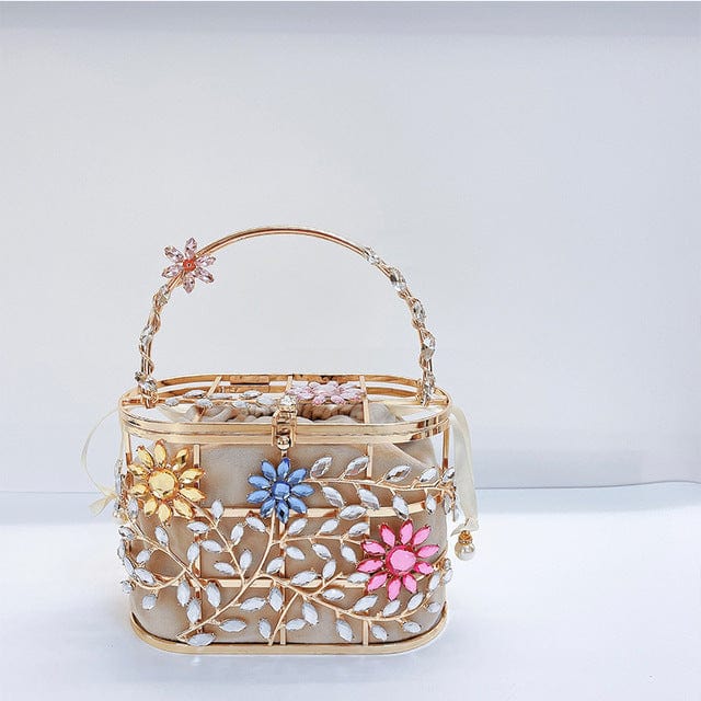 Floral Hollow Out Metallic Cage Clutch bags WAAMII apricot A L18xW9xH13 cm