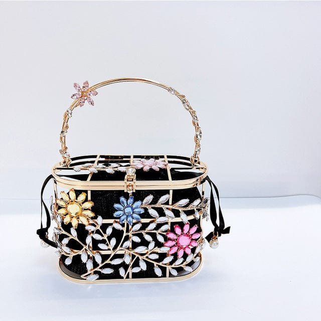 Floral Hollow Out Metallic Cage Clutch bags WAAMII black A L18xW9xH13 cm 