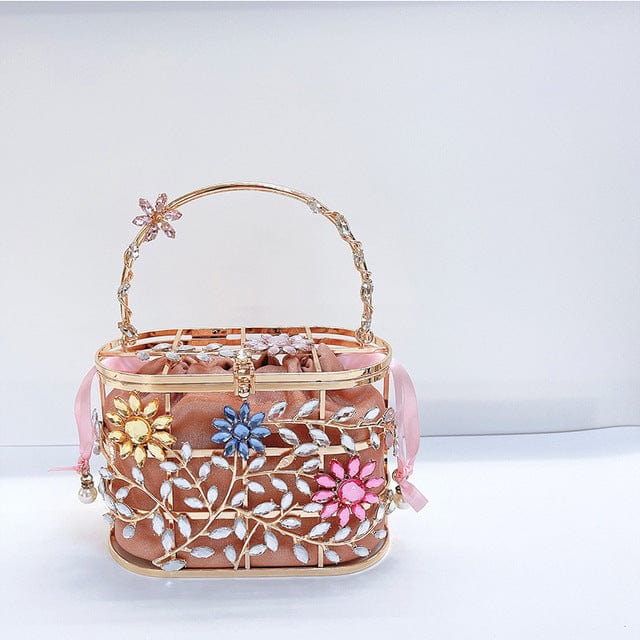 Floral Hollow Out Metallic Cage Clutch bags WAAMII pink A L18xW9xH13 cm 
