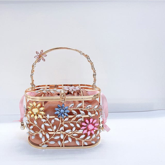 Floral Hollow Out Metallic Cage Clutch bags WAAMII pink A L18xW9xH13 cm