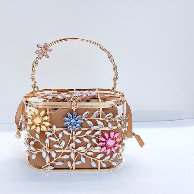 Floral Hollow Out Metallic Cage Clutch bags WAAMII Khaki A L18xW9xH13 cm