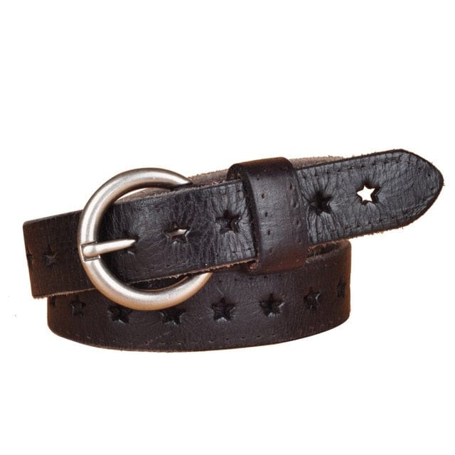 Full Grain Genuine Leather Cowskin Star Hollow Out Women's Belt - Black 90CM - Luxury Accessories by WAAMII