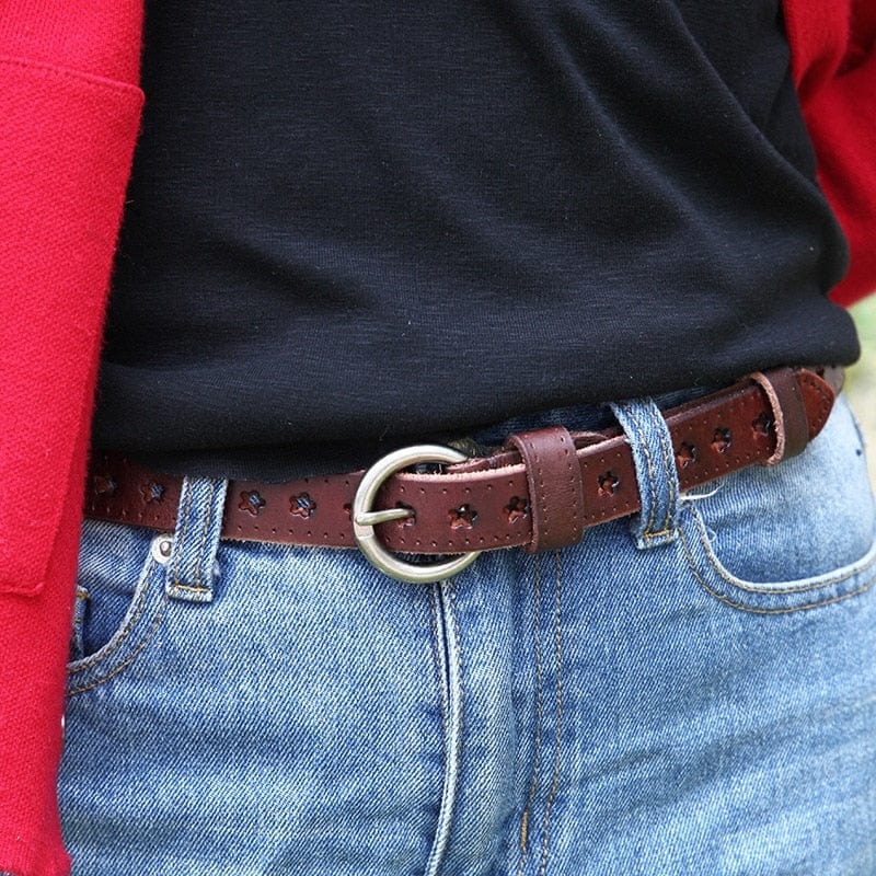 Full Grain Genuine Leather Cowskin Star Hollow Out Women's Belt - - Luxury Accessories by WAAMII