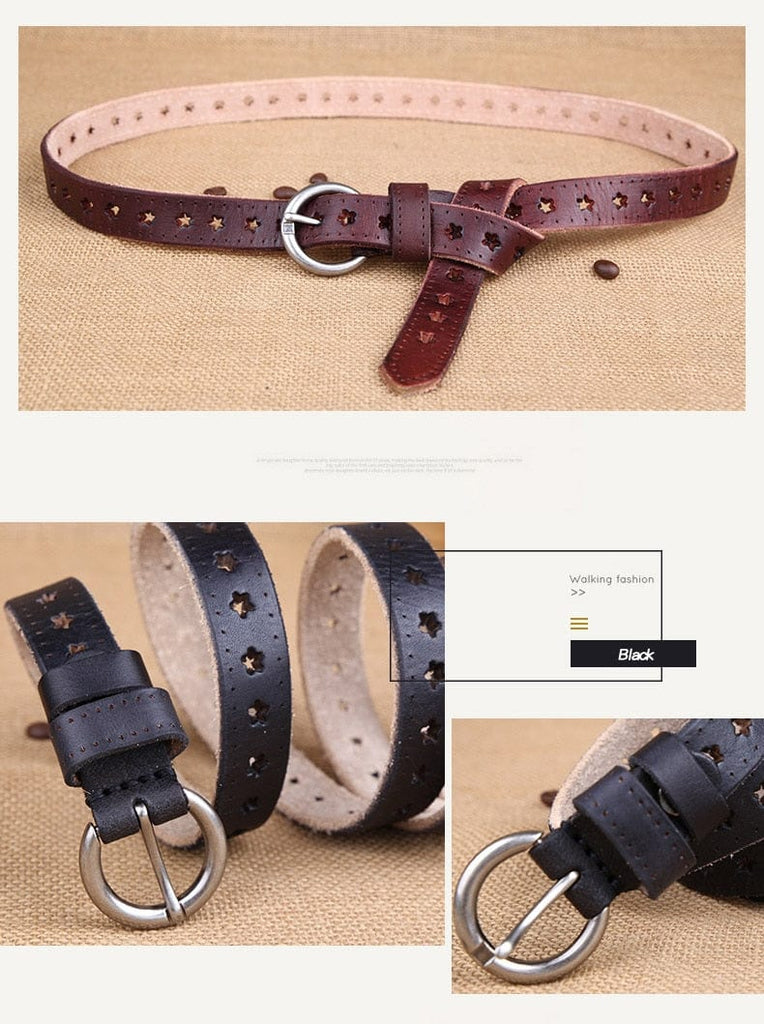 Full Grain Genuine Leather Cowskin Star Hollow Out Women's Belt - - Luxury Accessories by WAAMII