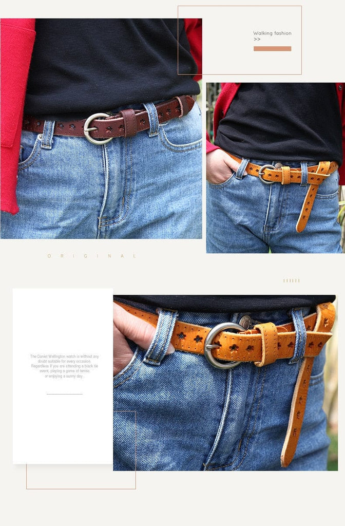Full Grain Genuine Leather Cowskin Star Hollow Out Women's Belt - - Luxury Accessories by WAAMII
