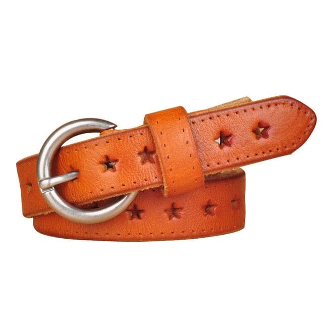 Full Grain Genuine Leather Cowskin Star Hollow Out Women's Belt Accessories WAAMII Orange 90CM 