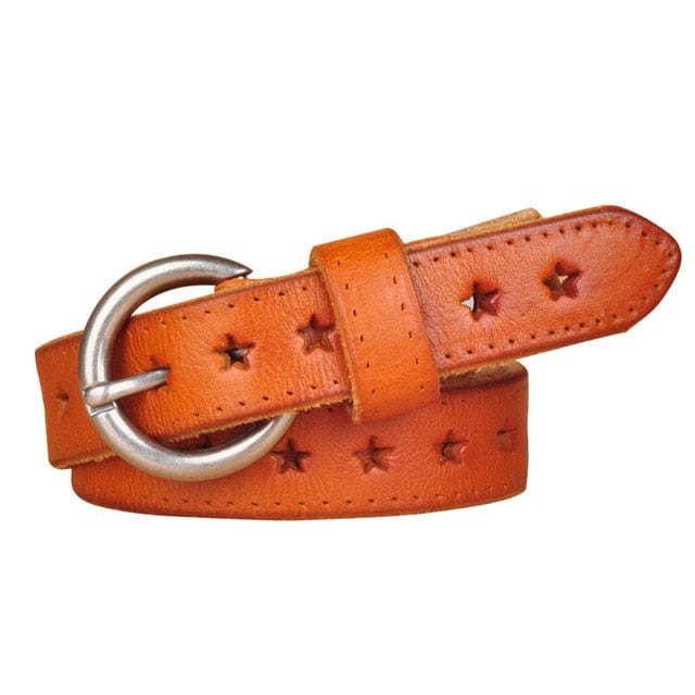 Full Grain Genuine Leather Cowskin Star Hollow Out Women's Belt - Orange 90CM - Luxury Accessories by WAAMII