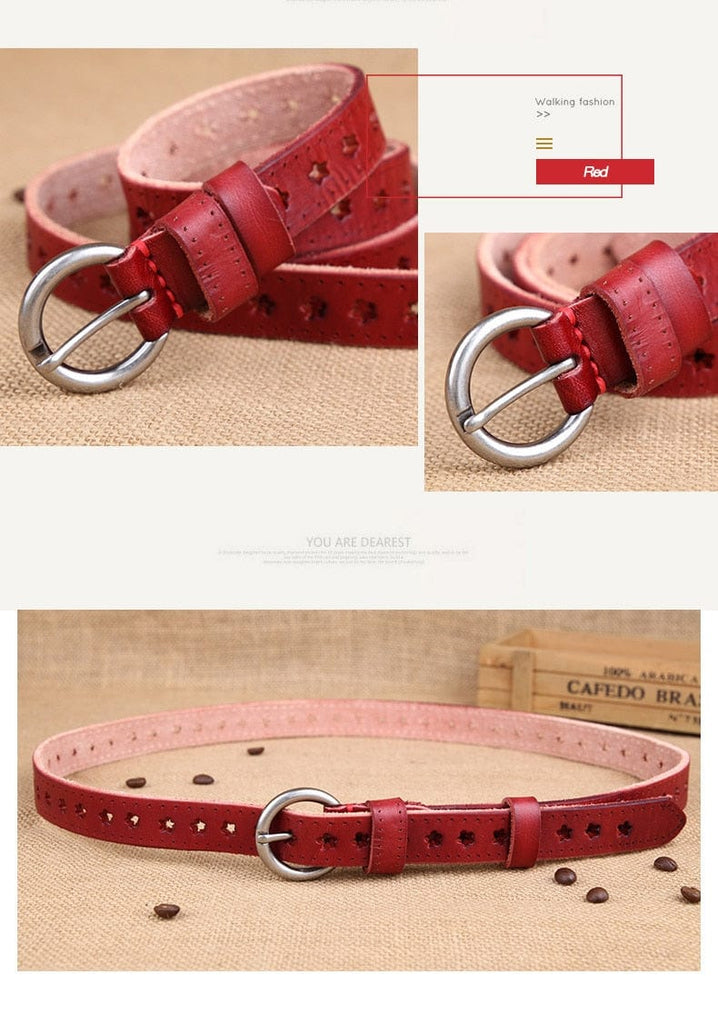 Full Grain Genuine Leather Cowskin Star Hollow Out Women's Belt - - Luxury Accessories by WAAMII
