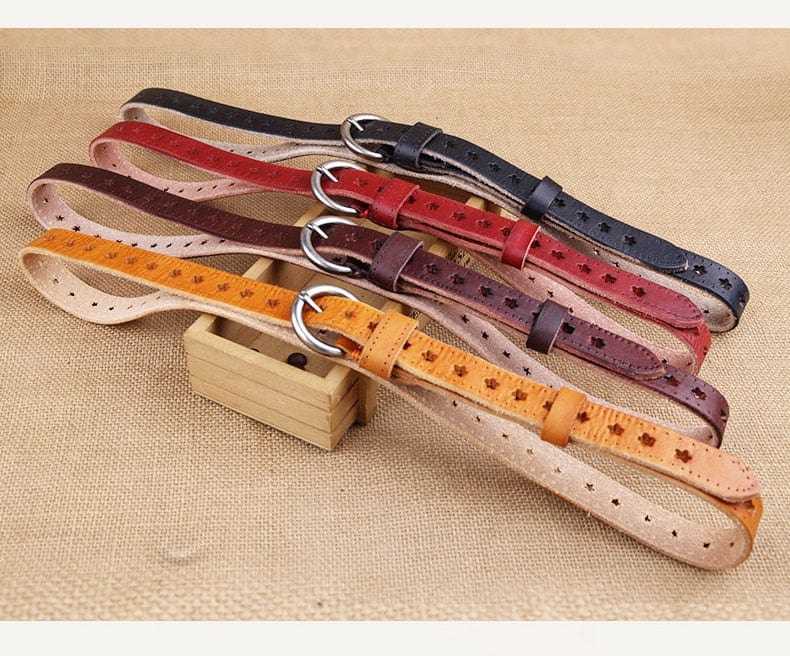 Full Grain Genuine Leather Cowskin Star Hollow Out Women's Belt - - Luxury Accessories by WAAMII