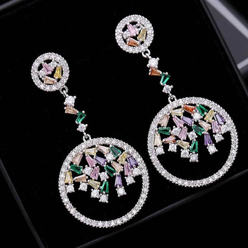 Glossy Silver-Plated Colored Stone Circle Drop Earrings - - Luxury Jewelry by WAAMII