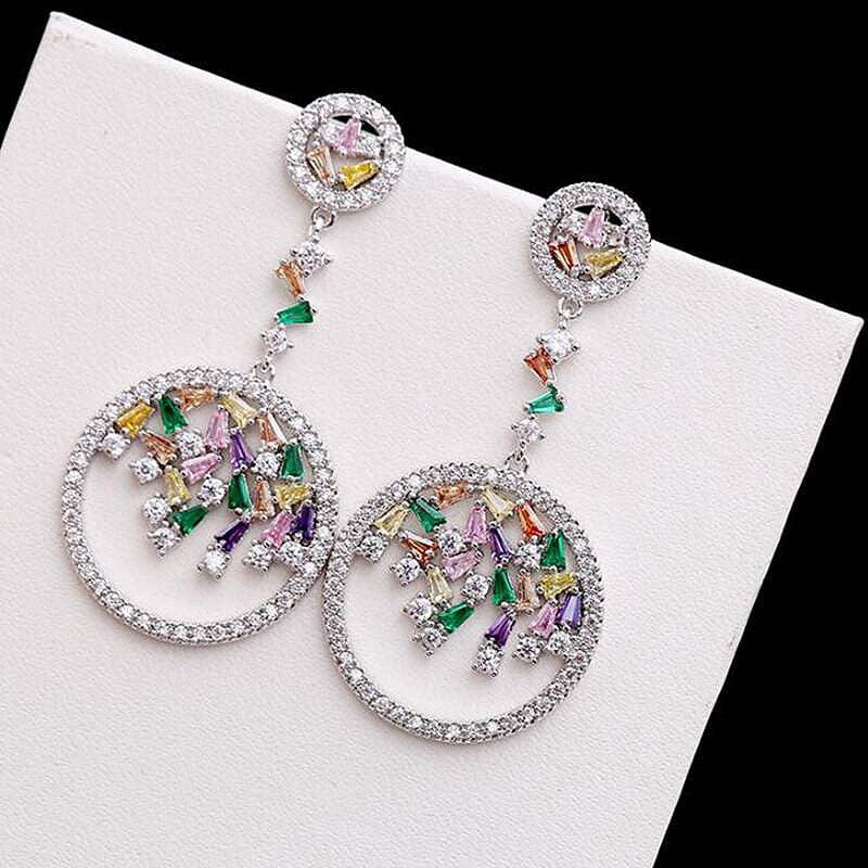 Glossy Silver-Plated Colored Stone Circle Drop Earrings - - Luxury Jewelry by WAAMII