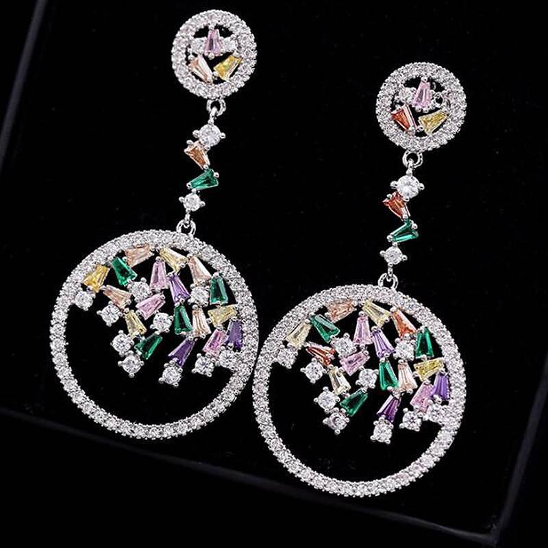 Glossy Silver-Plated Colored Stone Circle Drop Earrings - - Luxury Jewelry by WAAMII