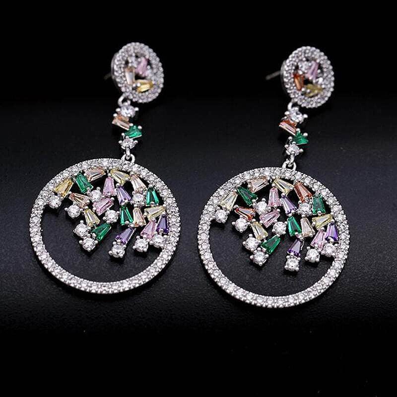 Glossy Silver-Plated Colored Stone Circle Drop Earrings - - Luxury Jewelry by WAAMII