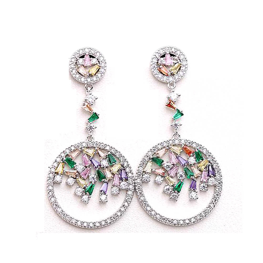 Glossy Silver-Plated Colored Stone Circle Drop Earrings - - Luxury Jewelry by WAAMII