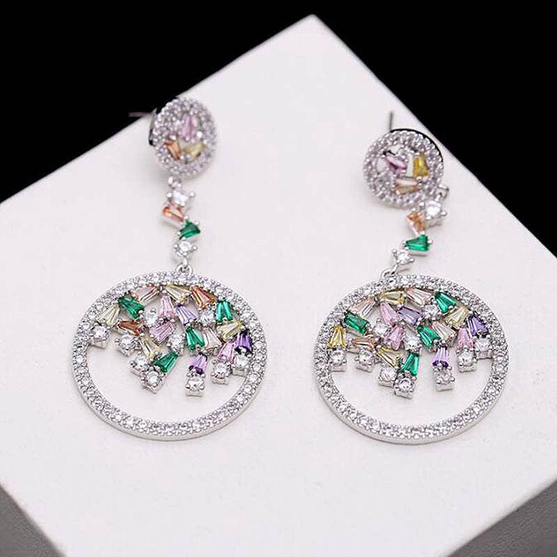 Glossy Silver-Plated Colored Stone Circle Drop Earrings - - Luxury Jewelry by WAAMII