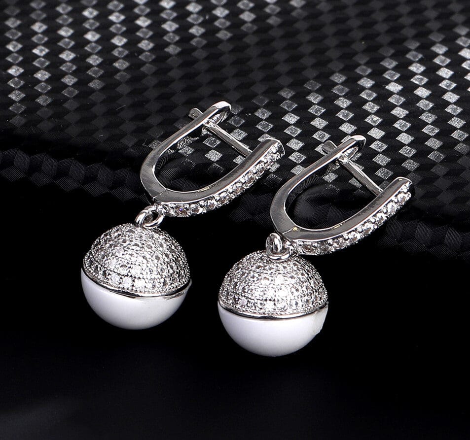 Glossy Silver-Tone Ceramic Zircon Ball Hook Earrings - - Luxury Jewelry by WAAMII