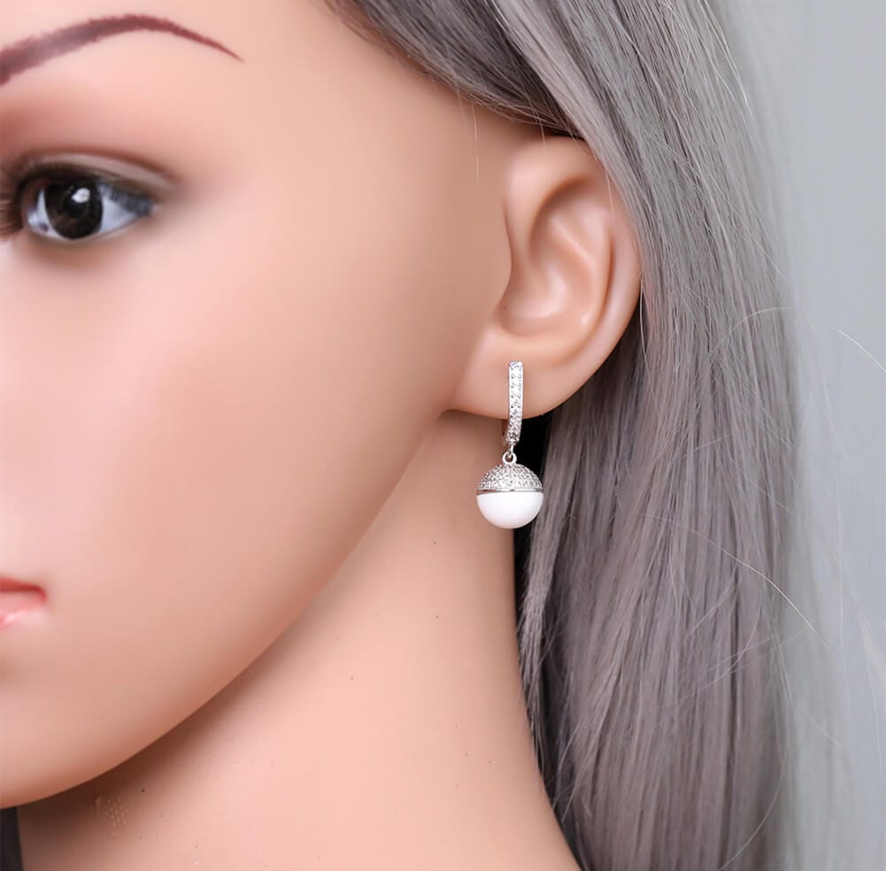 Glossy Silver-Tone Ceramic Zircon Ball Hook Earrings - - Luxury Jewelry by WAAMII