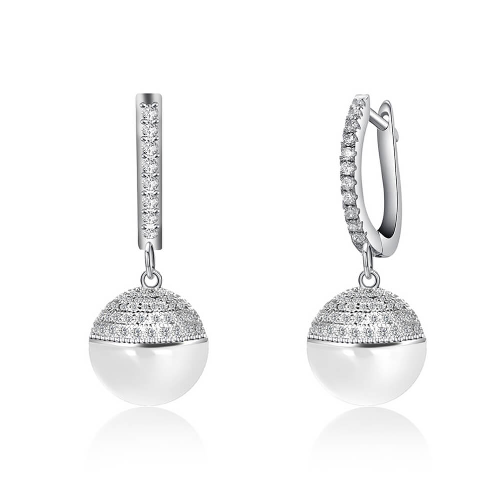 Glossy Silver-Tone Ceramic Zircon Ball Hook Earrings - silver and white A - Luxury Jewelry by WAAMII