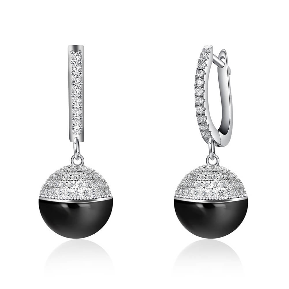 Glossy Silver-Tone Ceramic Zircon Ball Hook Earrings - silver and black B - Luxury Jewelry by WAAMII