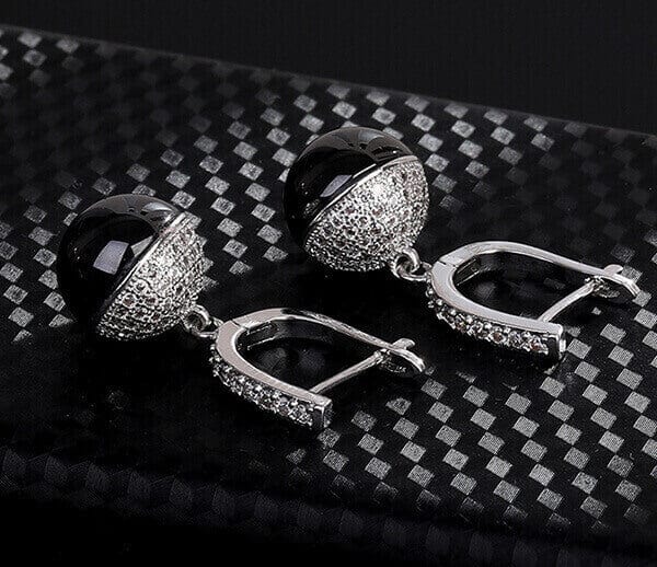 Glossy Silver-Tone Ceramic Zircon Ball Hook Earrings - - Luxury Jewelry by WAAMII