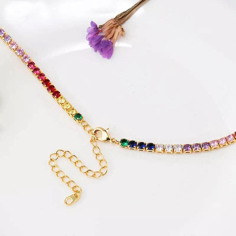 Gold Plated Rainbow AAA Cubic Zirconia Tennis Chain Necklace Choker - - Luxury Jewelry by WAAMII