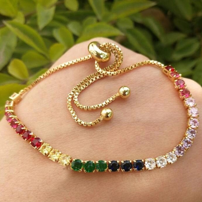 Gold Plated Rainbow AAA Cubic Zirconia Tennis Chain Necklace Choker - Type A Bracelet (18K gold) - Luxury Jewelry by WAAMII