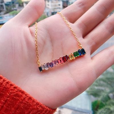 Gold Plated Rainbow AAA Cubic Zirconia Tennis Chain Necklace Choker - Water ripple chain Type C rainbow necklace - Luxury Jewelry by WAAMII