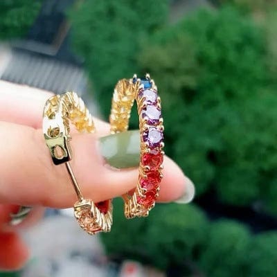 Gold Plated Rainbow AAA Cubic Zirconia Tennis Chain Necklace Choker - Rainbow Earrings B - Luxury Jewelry by WAAMII