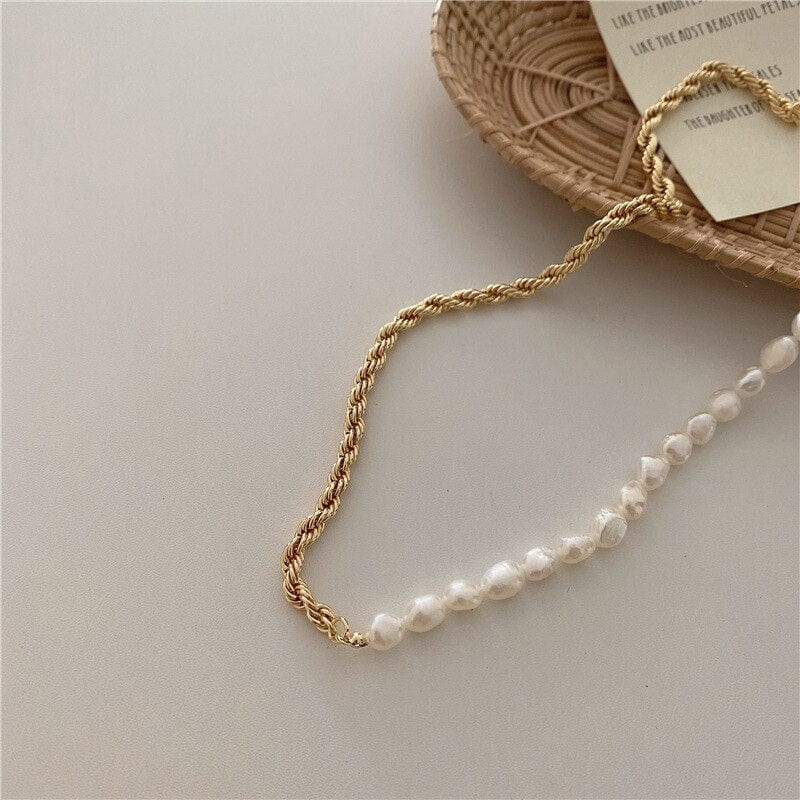 Gold Plating Half Freshwater Pearl Half Rope Twist Gold Chain Choker Necklace - - Luxury Jewelry by WAAMII
