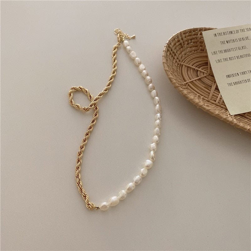 Gold Plating Half Freshwater Pearl Half Rope Twist Gold Chain Choker Necklace - - Luxury Jewelry by WAAMII