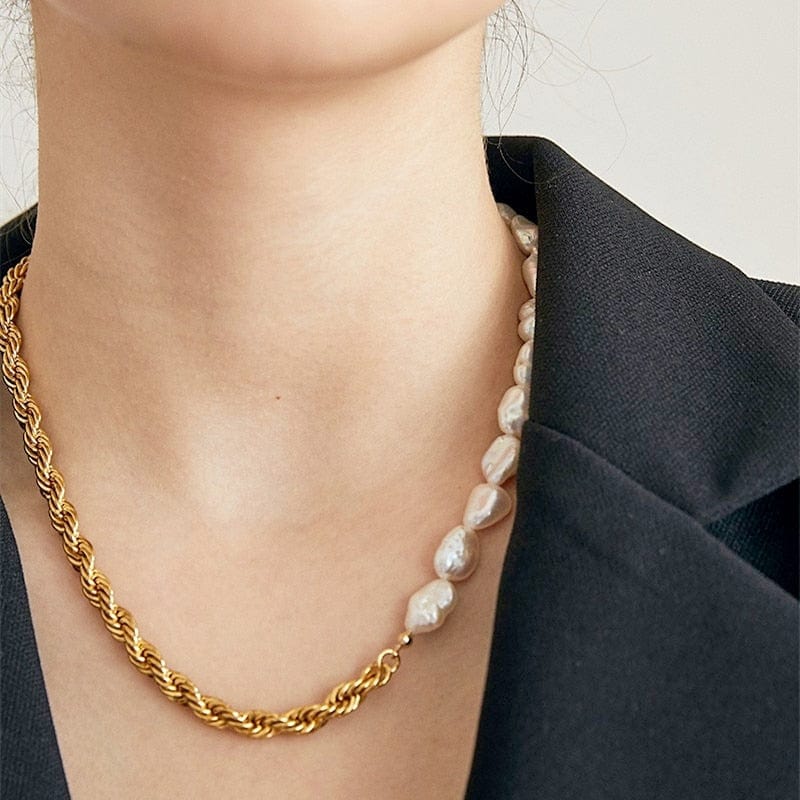 Gold Plating Half Freshwater Pearl Half Rope Twist Gold Chain Choker Necklace - - Luxury Jewelry by WAAMII