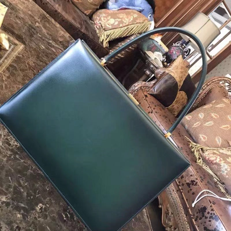 Gold Clip Buckle Top Genuine Leather Tote Lady Business Bag - Green - Luxury bags by WAAMII