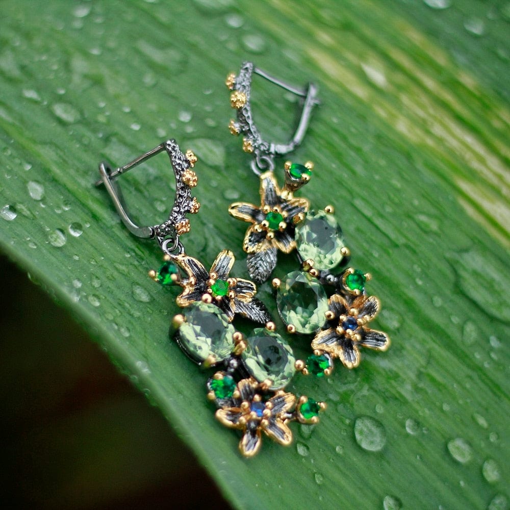 Green Zircon Floral Vintage Statement Earrings - - Luxury Jewelry by WAAMII