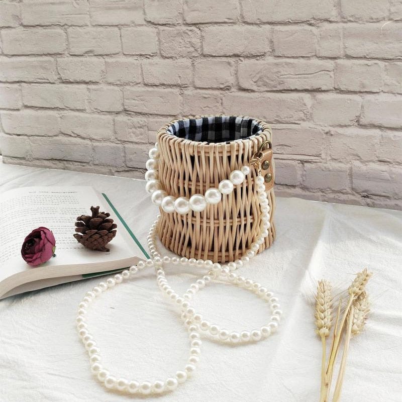 Hand-woven Natural Plant Willow Straw Bag Rattan Pearl Bucket Crossbody - - Luxury bags by WAAMII