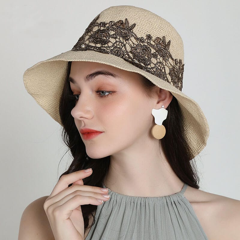 Handmade Packable Lace Embroidered Floral Straw Hats Summer Caps Beach Hat-WCM092 Accessories WAAMII   