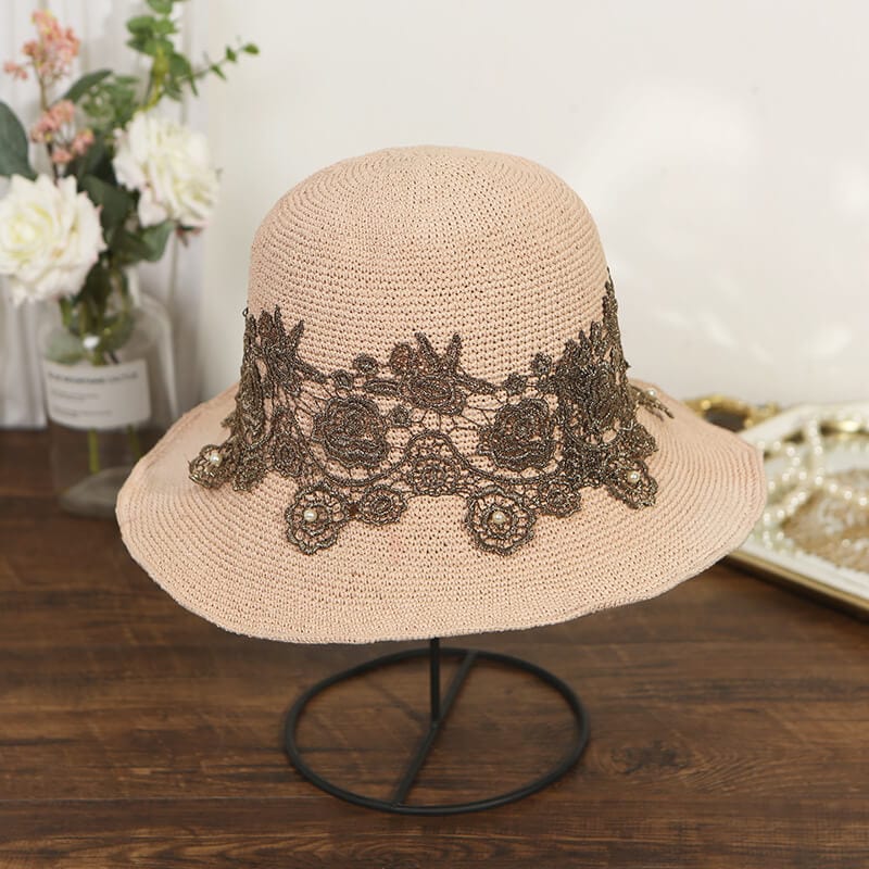 Handmade Packable Lace Embroidered Floral Straw Hats Summer Caps Beach Hat-WCM092 Accessories WAAMII Pink  