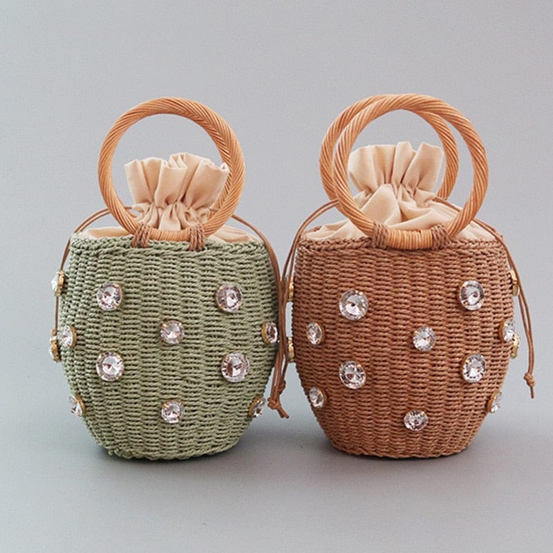 Handmade Rhinestone Crystal Embellished Mini Straw Bucket Bag-WM0313 - - Luxury bags by WAAMII