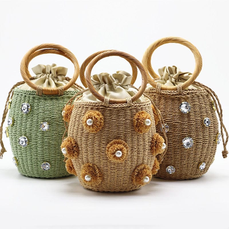 Handmade Rhinestone Crystal Embellished Mini Straw Bucket Bag-WM0313 - - Luxury bags by WAAMII