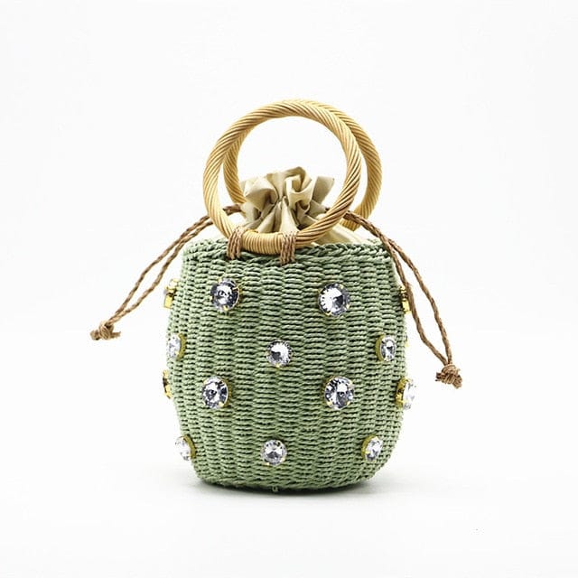 Handmade Rhinestone Crystal Embellished Mini Straw Bucket Bag-WM0313 - green - Luxury bags by WAAMII