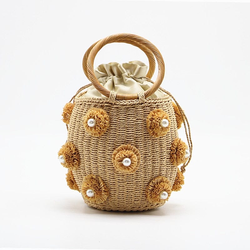 Handmade Rhinestone Crystal Embellished Mini Straw Bucket Bag-WM0313 - brown Flowers - Luxury bags by WAAMII