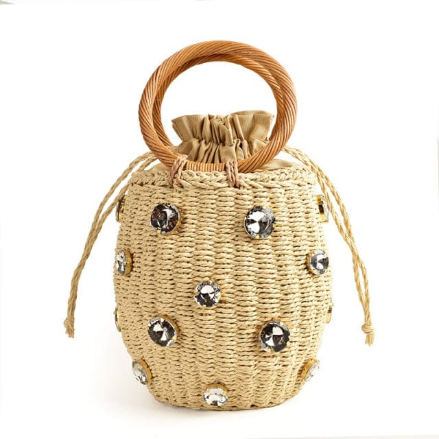 Handmade Rhinestone Crystal Embellished Mini Straw Bucket Bag-WM0313 - beige - Luxury bags by WAAMII