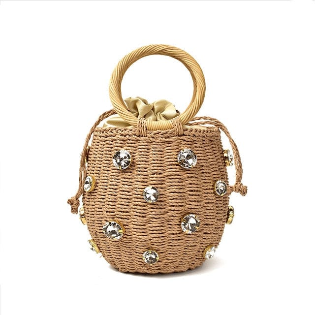 Handmade Rhinestone Crystal Embellished Mini Straw Bucket Bag-WM0313 - brown - Luxury bags by WAAMII