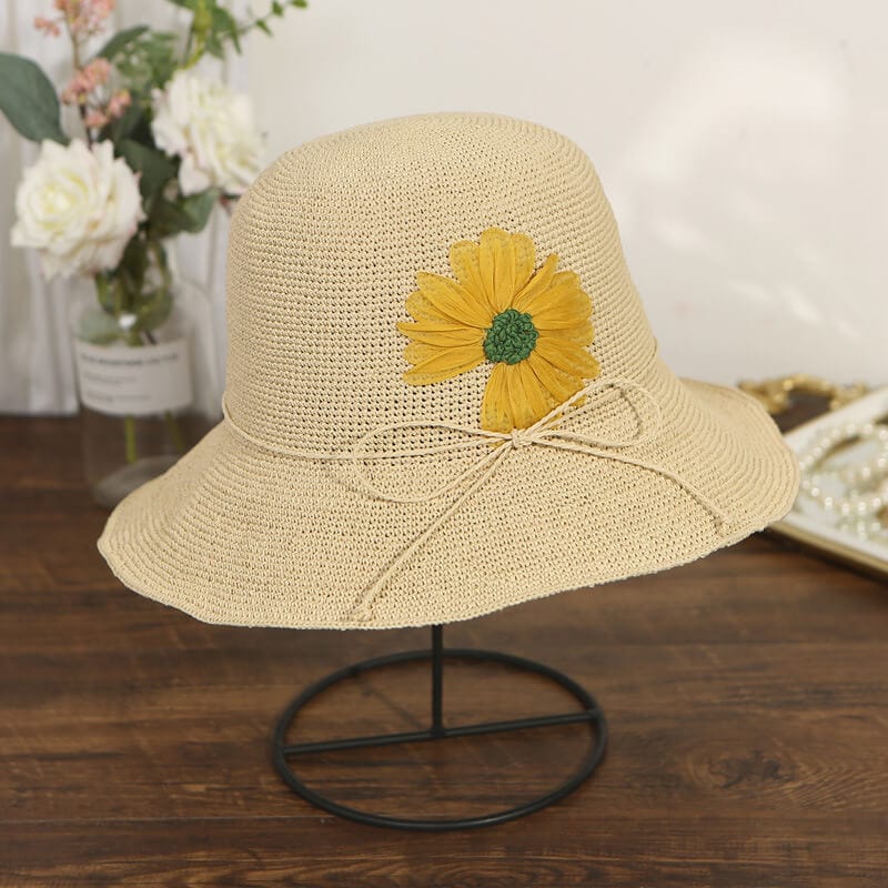 Handmade Silk Embroidered Daisy Woven Summer Straw Hat For Lady-WCM084 Accessories WAAMII Beige yellow  