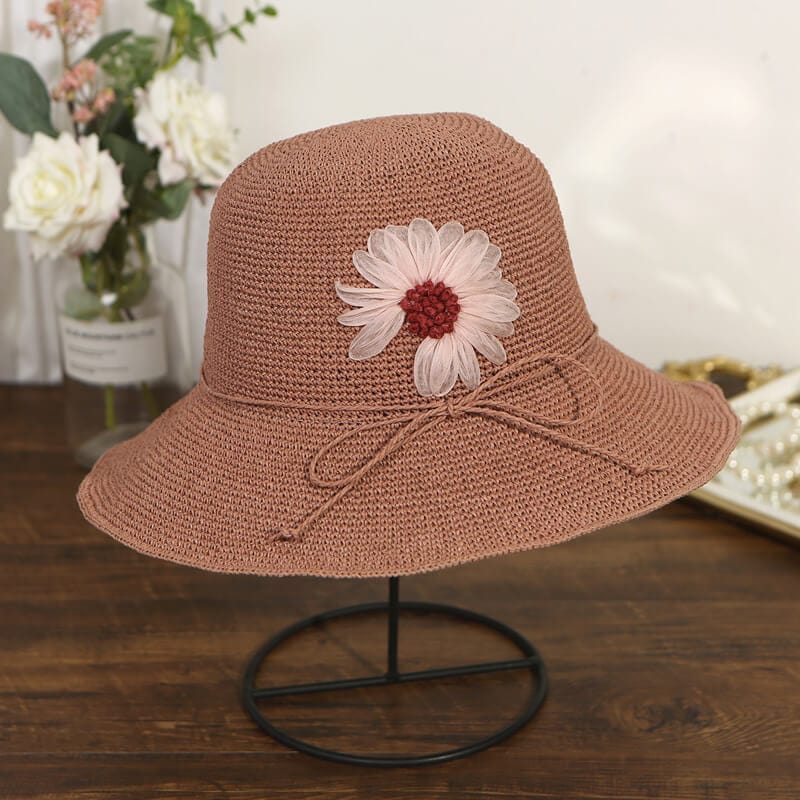 Handmade Silk Embroidered Daisy Woven Summer Straw Hat For Lady-WCM084 Accessories WAAMII Dark pink  