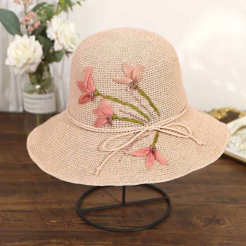Handmade Silk Floral Embroidered Woven Straw Hat-WCM083 Accessories WAAMII Pink  