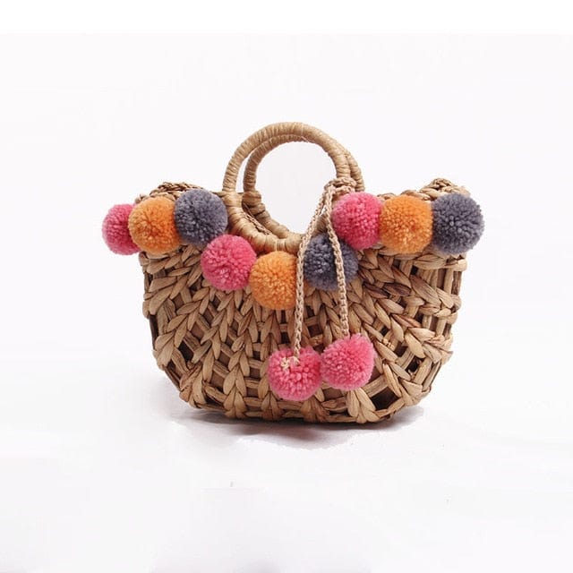 Handmade Straw Hairball Tassel Handbag Travel Beach Bag - Default Title - Luxury bags by WAAMII