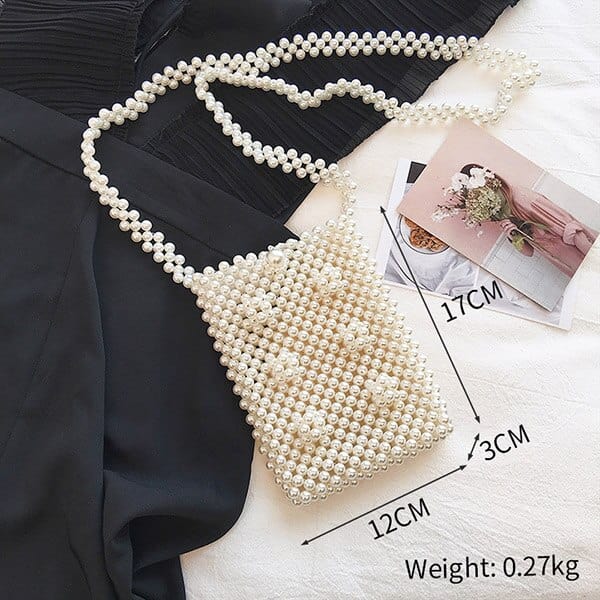 Handmade Woven Beaded Pearl  Clutch Tote Messenger Bag Evening Bags bags WAAMII beige model C