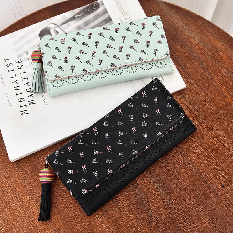 Hollow Out Vegan Leather Floral Wallet Card Holder Ladies Long Purse - - Luxury bags by WAAMII