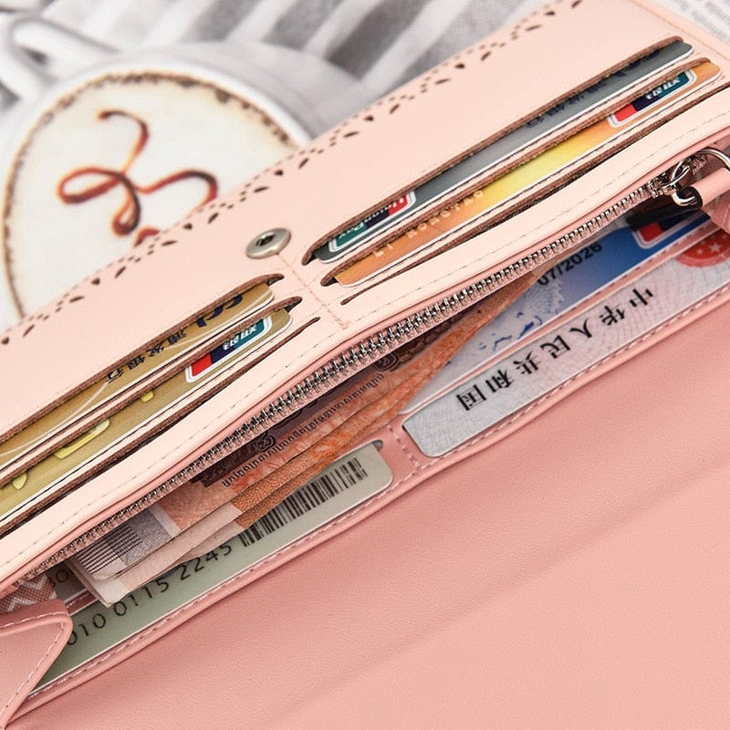 Hollow Out Vegan Leather Floral Wallet Card Holder Ladies Long Purse - - Luxury bags by WAAMII