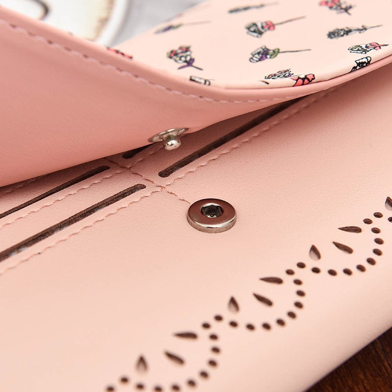 Hollow Out Vegan Leather Floral Wallet Card Holder Ladies Long Purse - - Luxury bags by WAAMII
